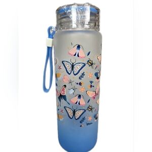 Blue Ombre Glass Butterfly Print Water Bottle with Strap